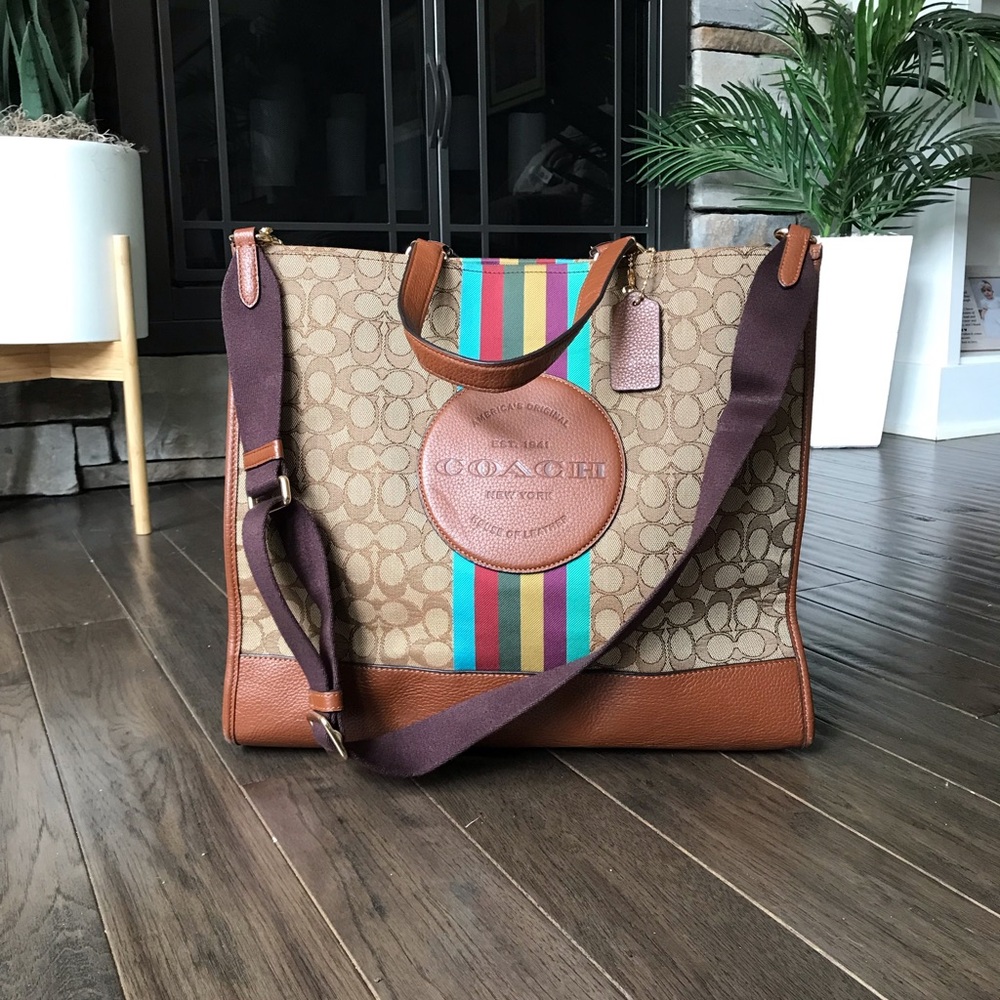 Coach Dempsey Tote 40 In Signature Jacquard Leather, Rainbow Stripe, Storypatch